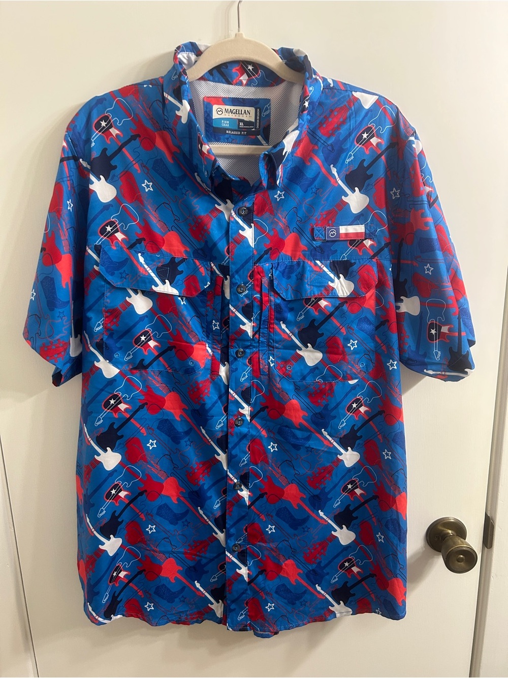 Magellan Outdoors Men’s Blue Red White Guitar-Print Short Sleeve Button-Down